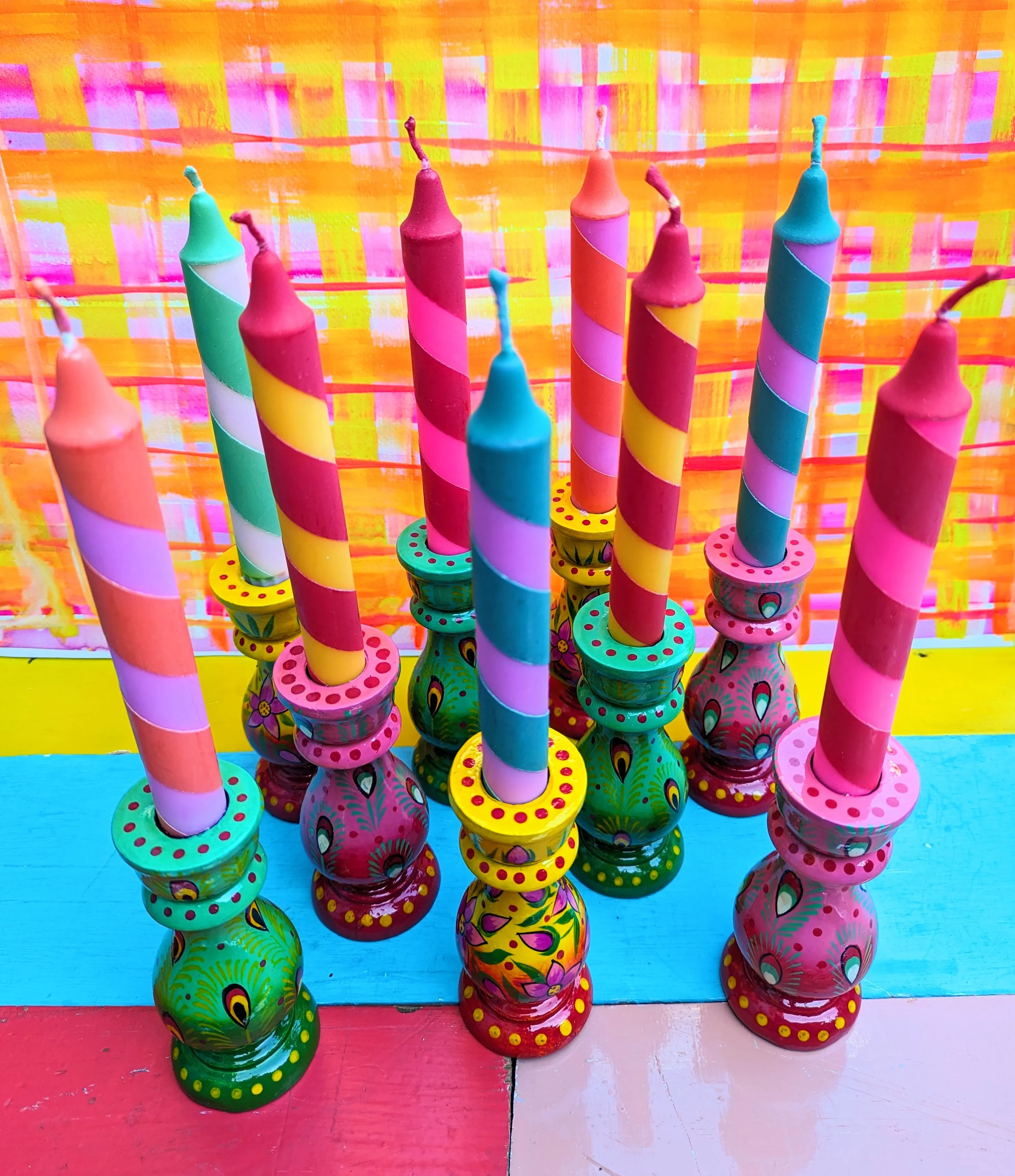 Hand painted candle holders - peacock and flower