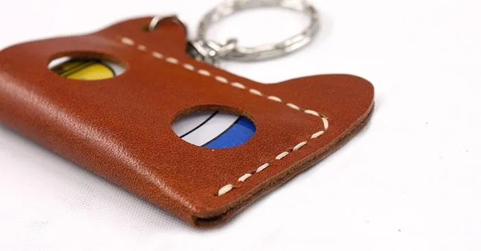 HANDMADE LEATHER CUTE Women Cat CARD Holder Keychain PERSONALIZED MONOGRAMMED GIFT CUSTOM Wallet Card Holder keyring