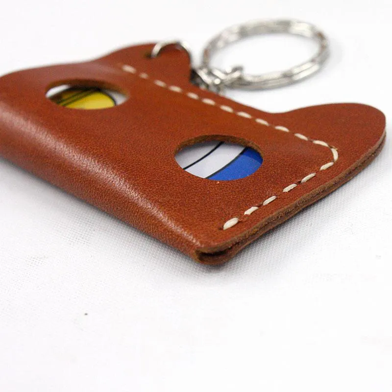 HANDMADE LEATHER CUTE Women Cat CARD Holder Keychain PERSONALIZED MONOGRAMMED GIFT CUSTOM Wallet Card Holder keyring