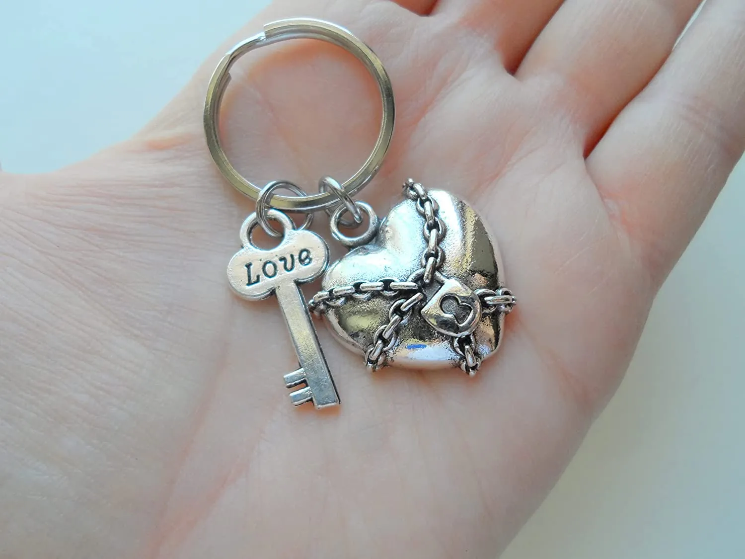 Heart with Chains & Lock Charm Keychain with Love Key Charm; Couples Keychain