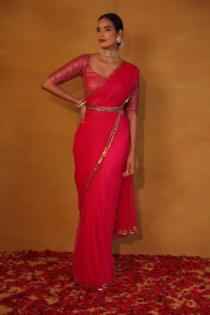 Hot pink net saree with belt