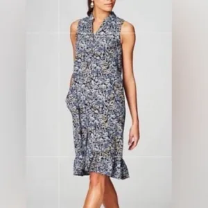 J.Jill Ruffled Hem Blue Floral Sleeveless Button Down Front Shirtdress Size M