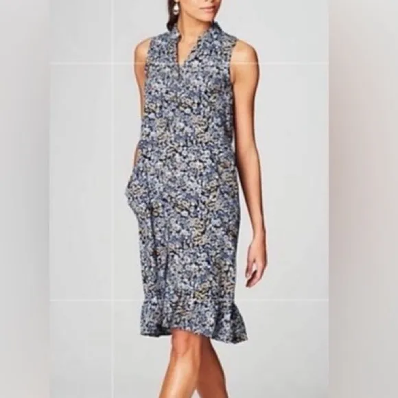 J.Jill Ruffled Hem Blue Floral Sleeveless Button Down Front Shirtdress Size M