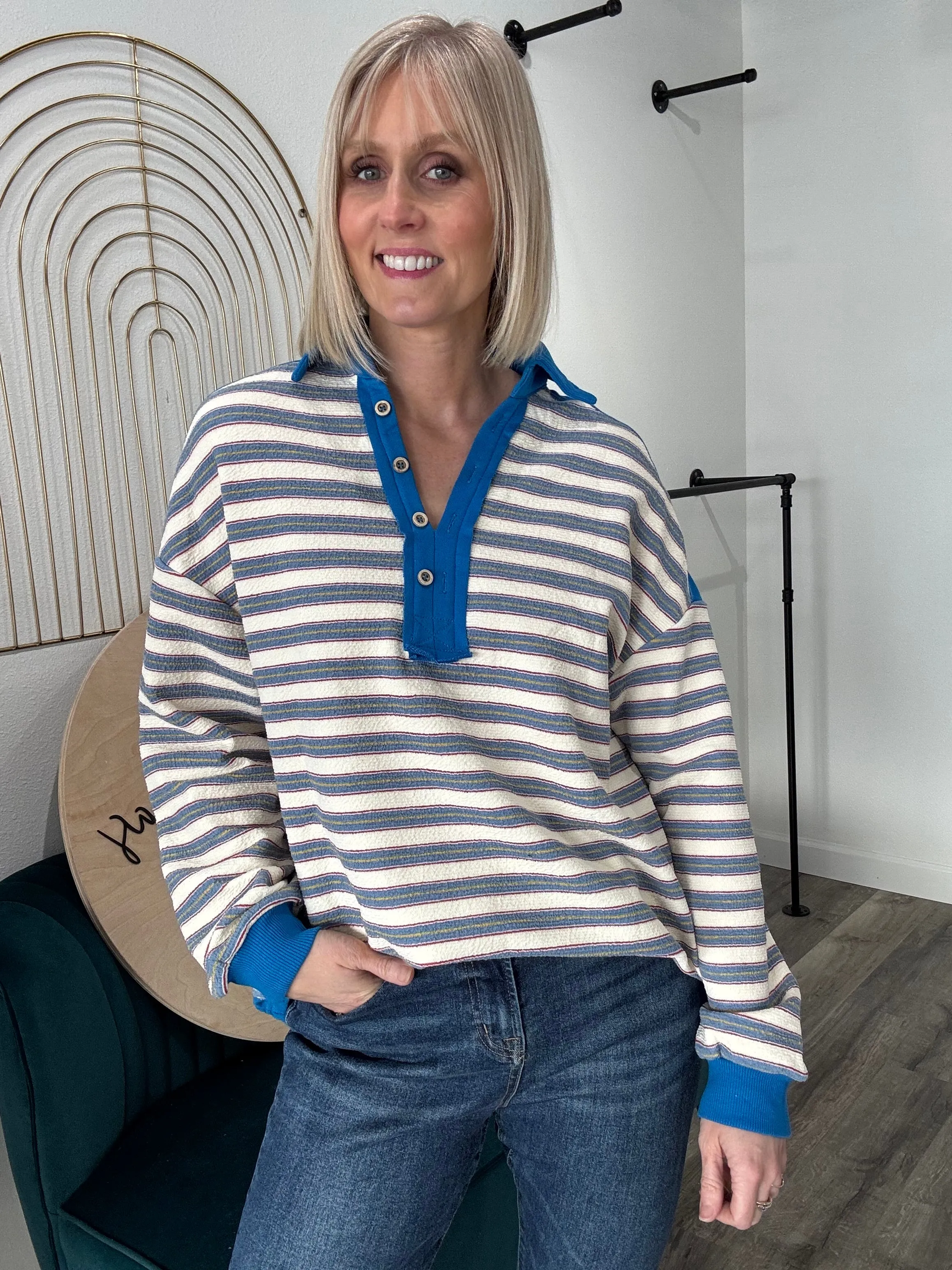 Karen Collared Button V Neck Drop Shoulder Top
