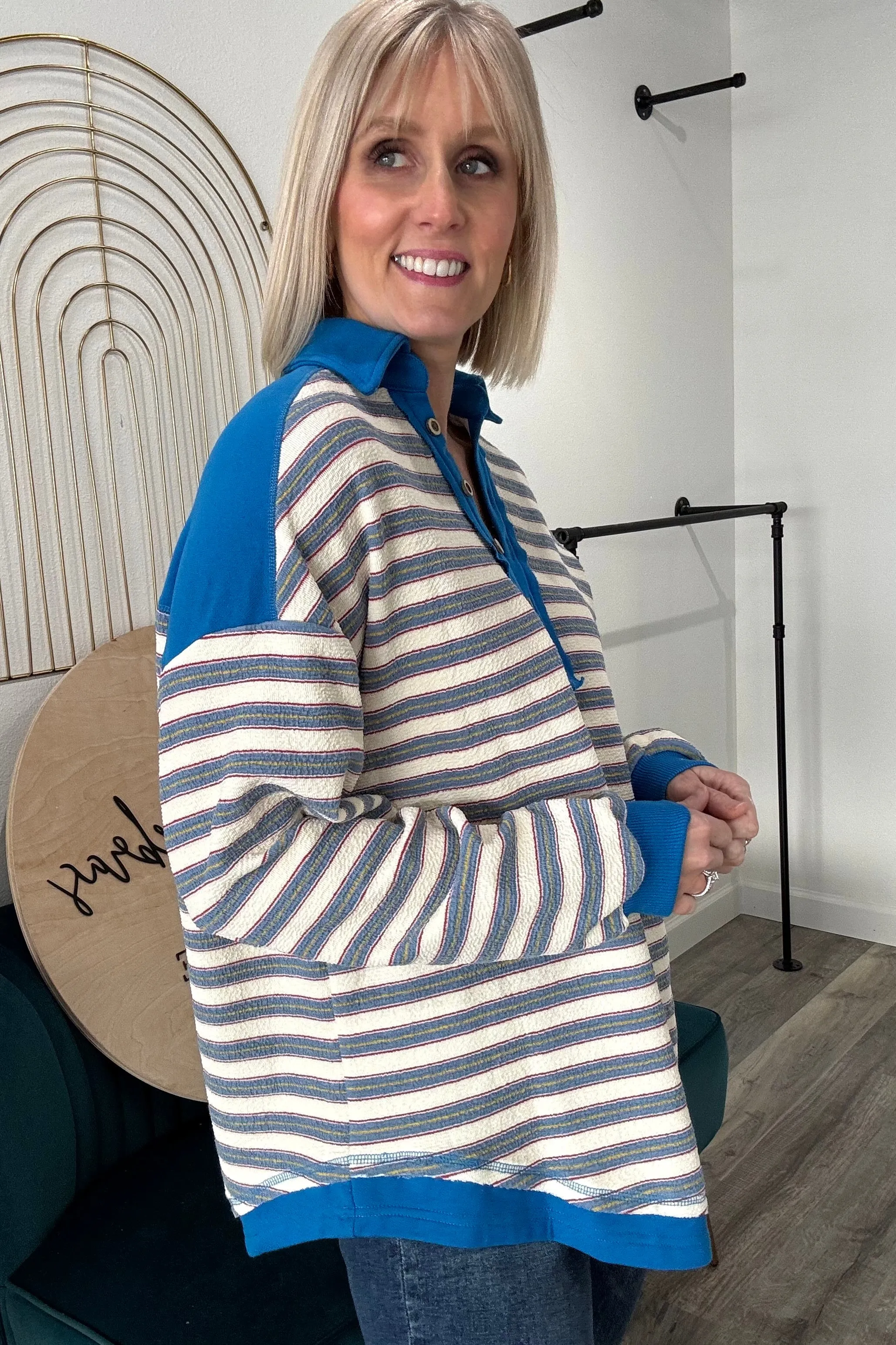 Karen Collared Button V Neck Drop Shoulder Top