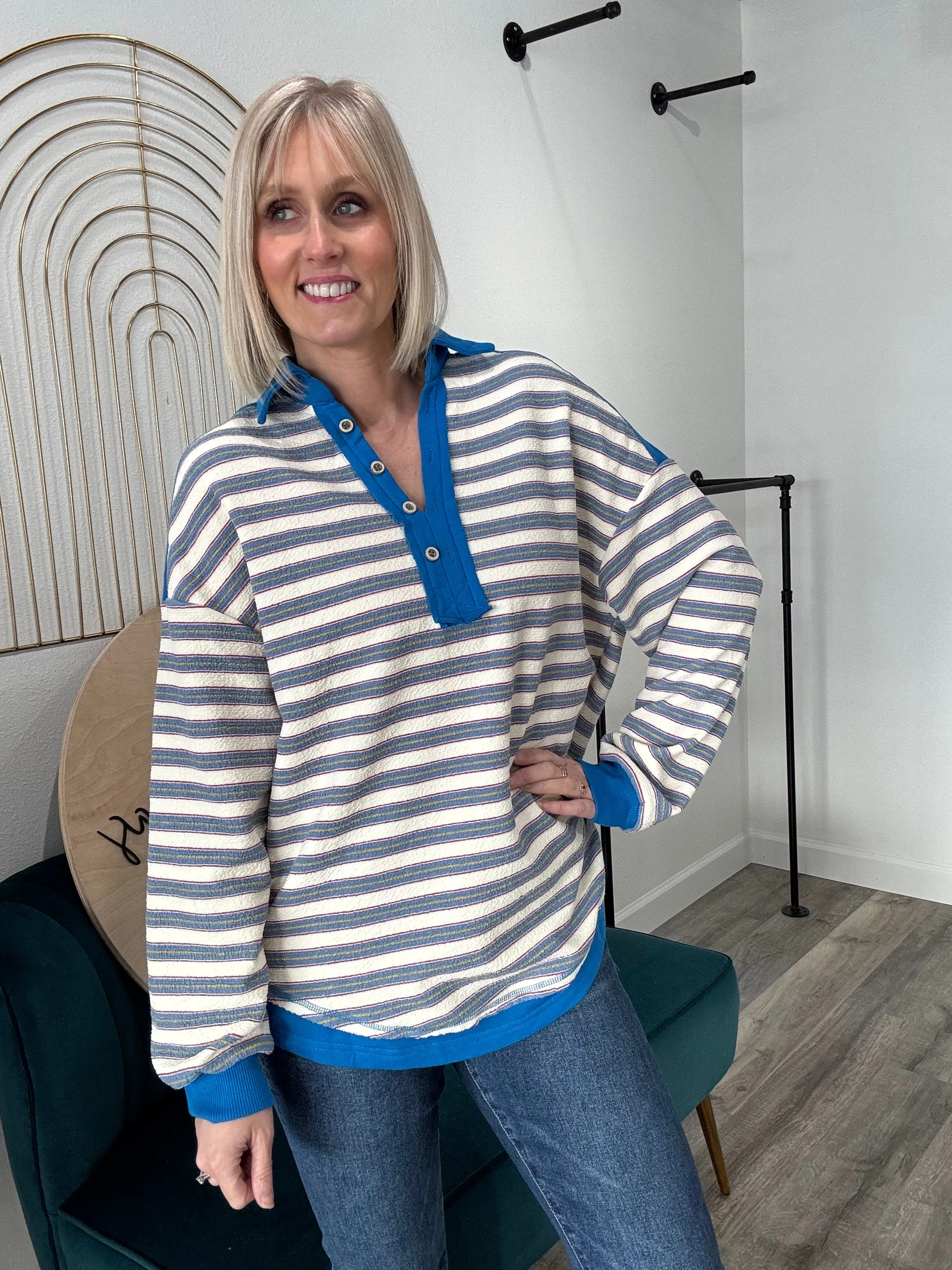 Karen Collared Button V Neck Drop Shoulder Top