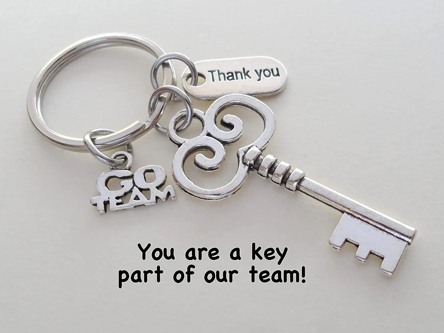 Key Charm Keychain with Go Team Charm, and Thank You Charm, Teacher, Employee, or Volunteer Appreciation Keychain