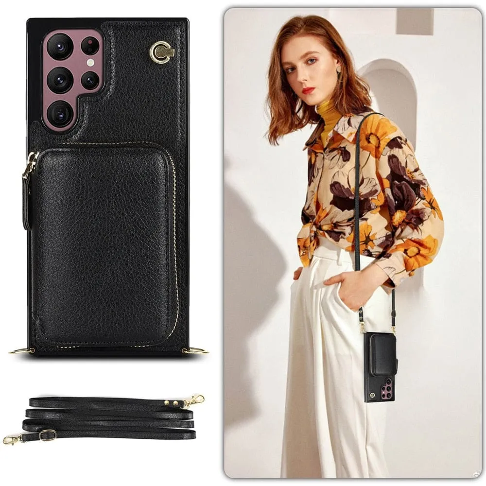 Leather Wallet Case With Lanyard For Samsung Galaxy