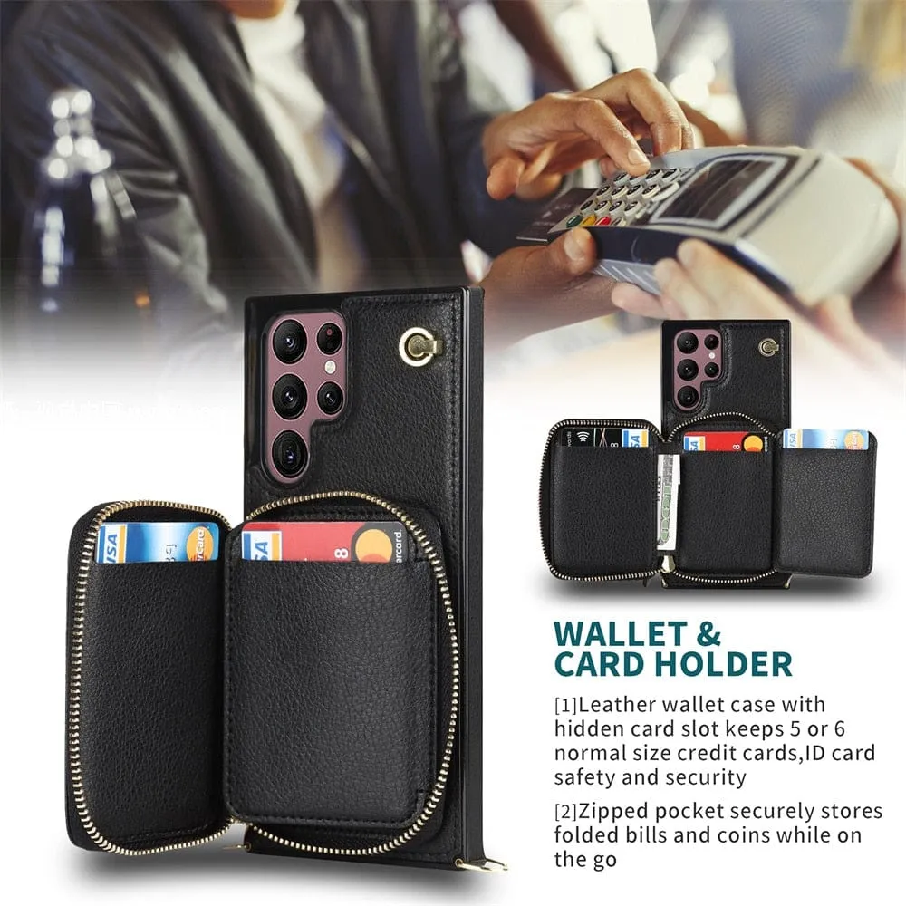 Leather Wallet Case With Lanyard For Samsung Galaxy