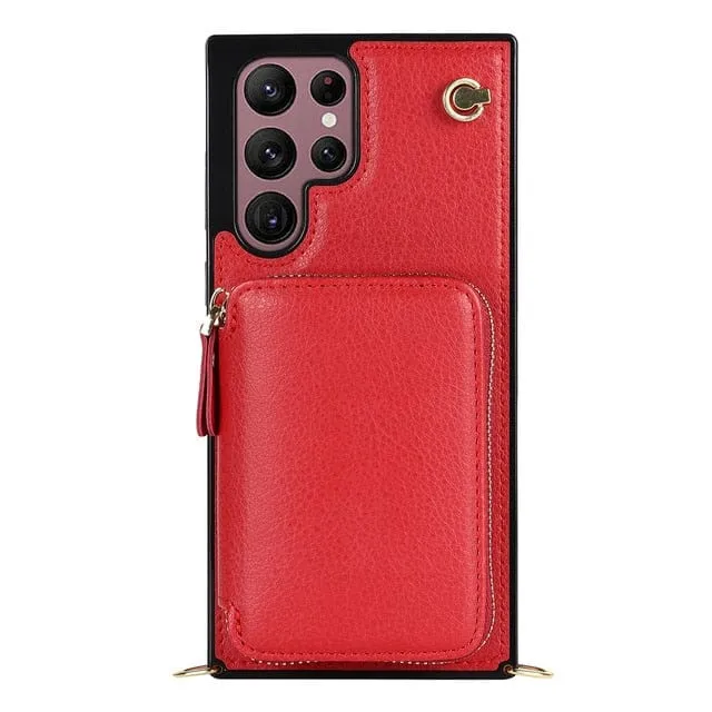 Leather Wallet Case With Lanyard For Samsung Galaxy