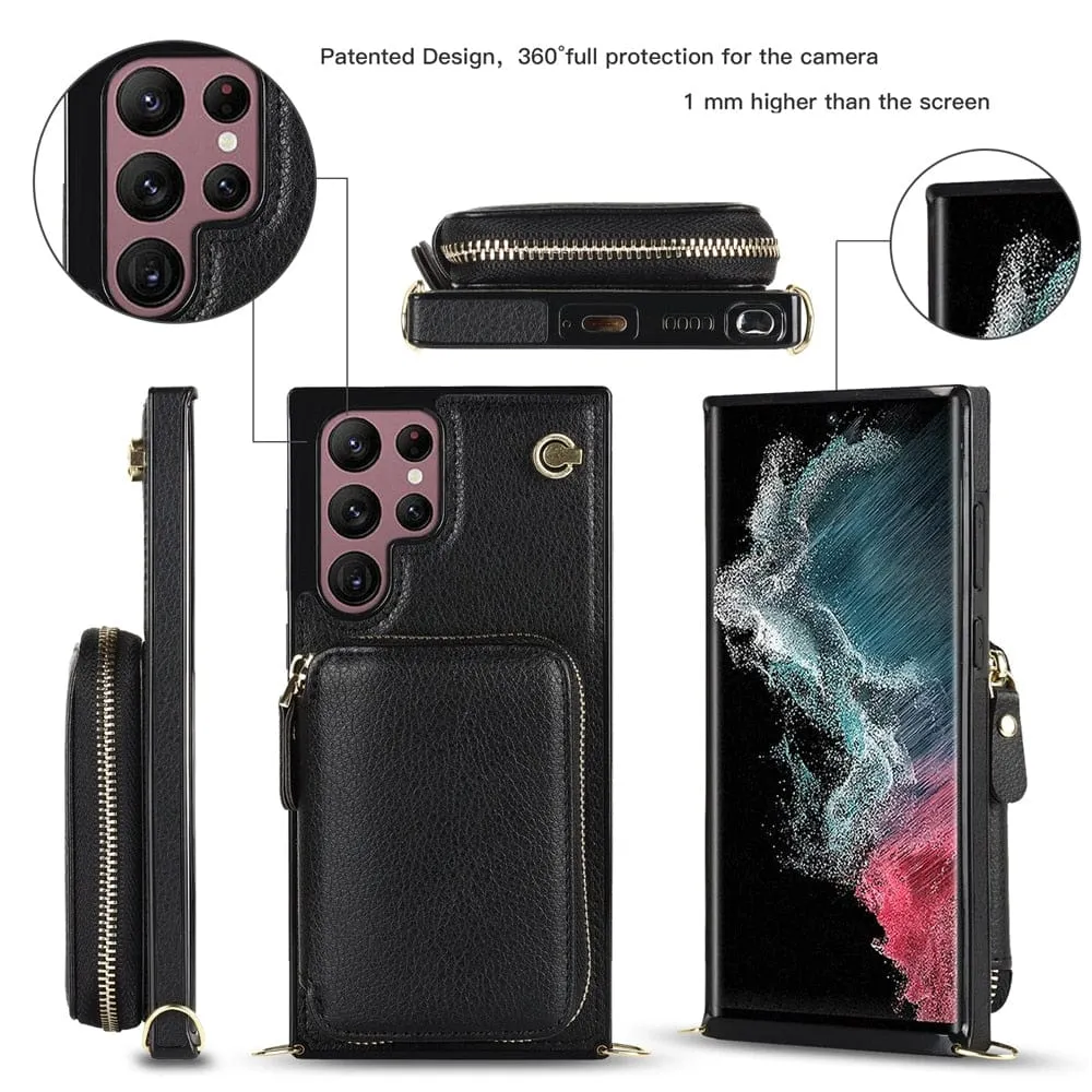 Leather Wallet Case With Lanyard For Samsung Galaxy