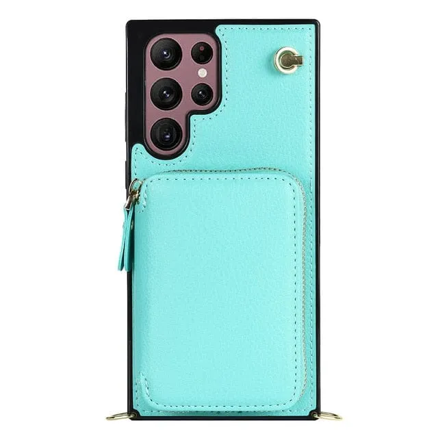 Leather Wallet Case With Lanyard For Samsung Galaxy