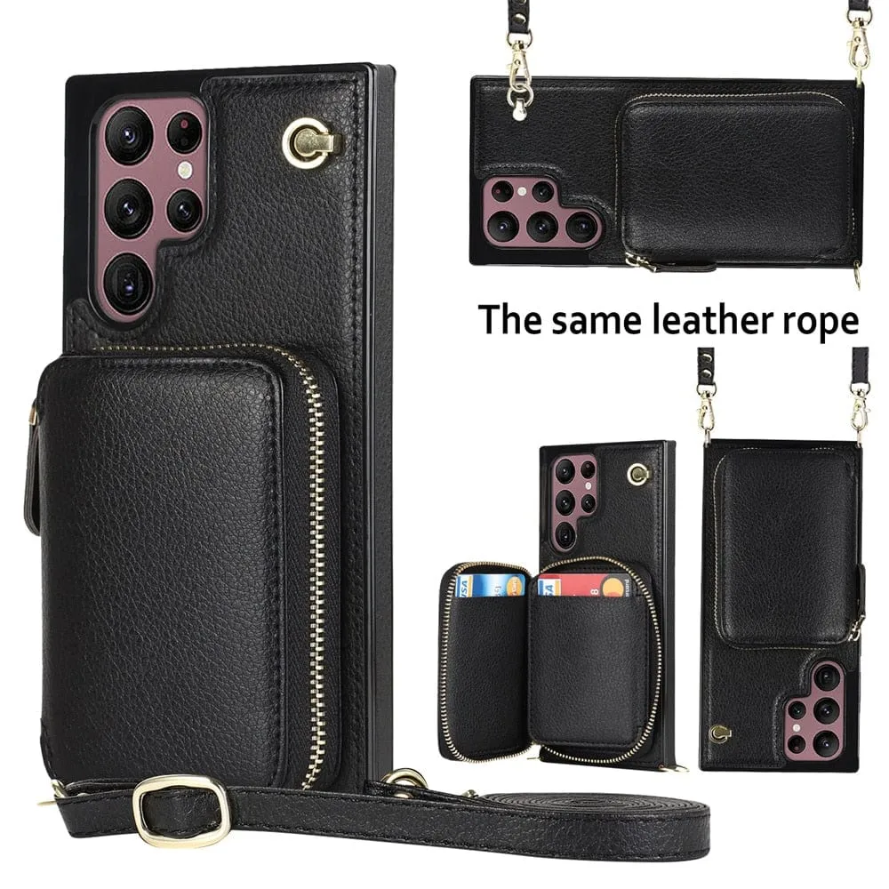 Leather Wallet Case With Lanyard For Samsung Galaxy