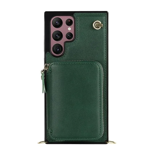 Leather Wallet Case With Lanyard For Samsung Galaxy
