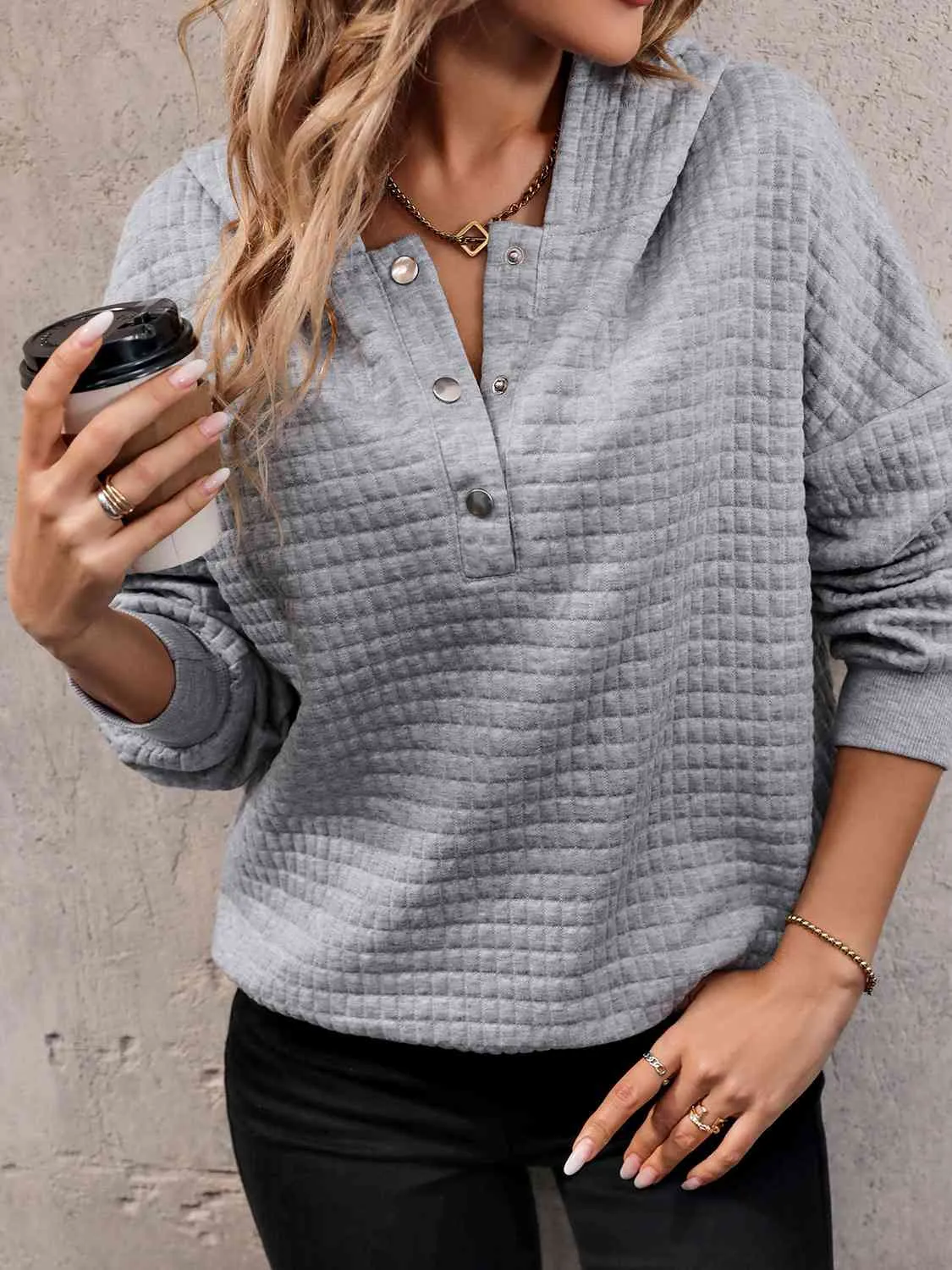 Loella Waffle-Knit Half Button Hoodie