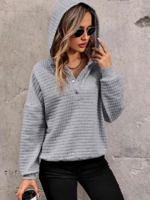 Loella Waffle-Knit Half Button Hoodie