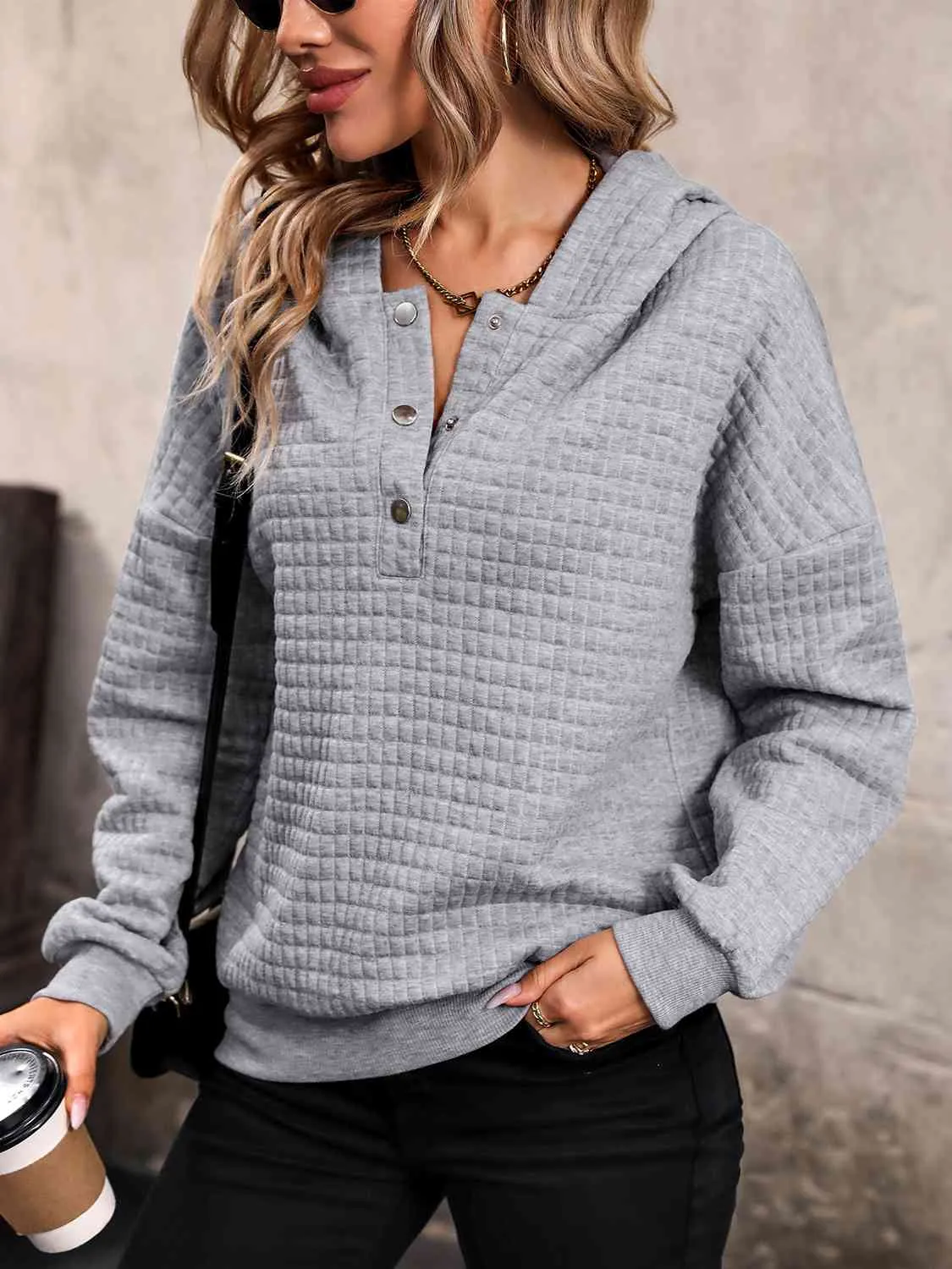 Loella Waffle-Knit Half Button Hoodie