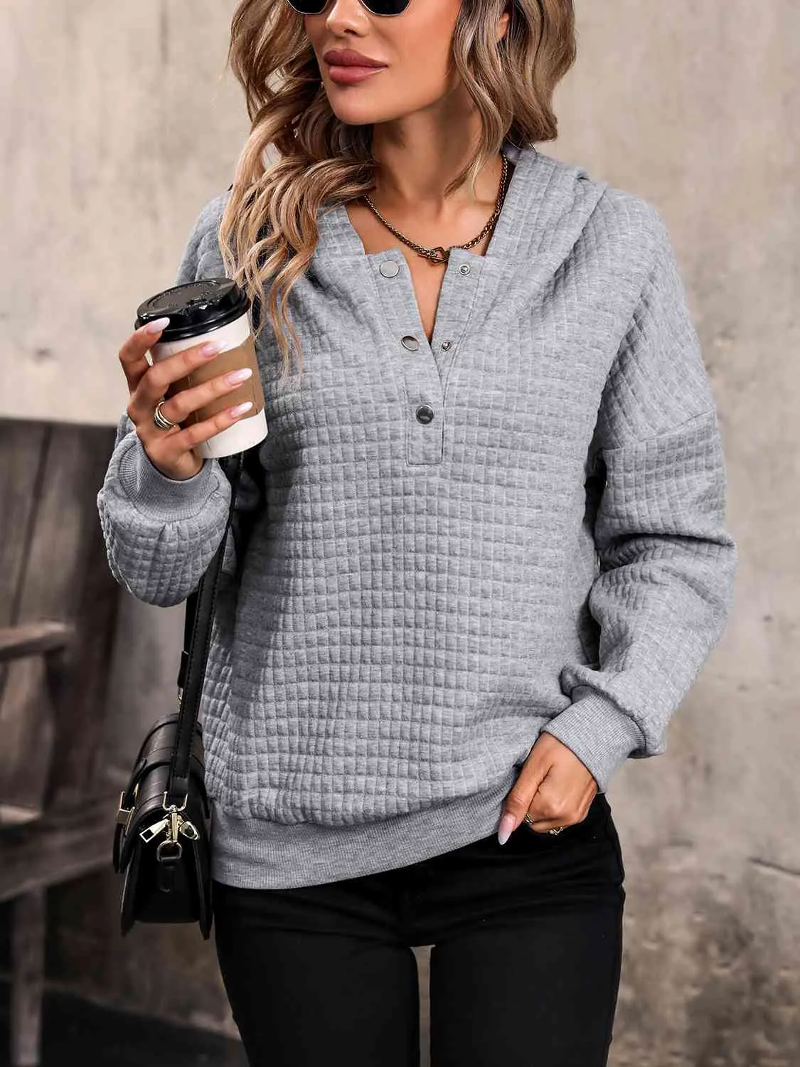 Loella Waffle-Knit Half Button Hoodie