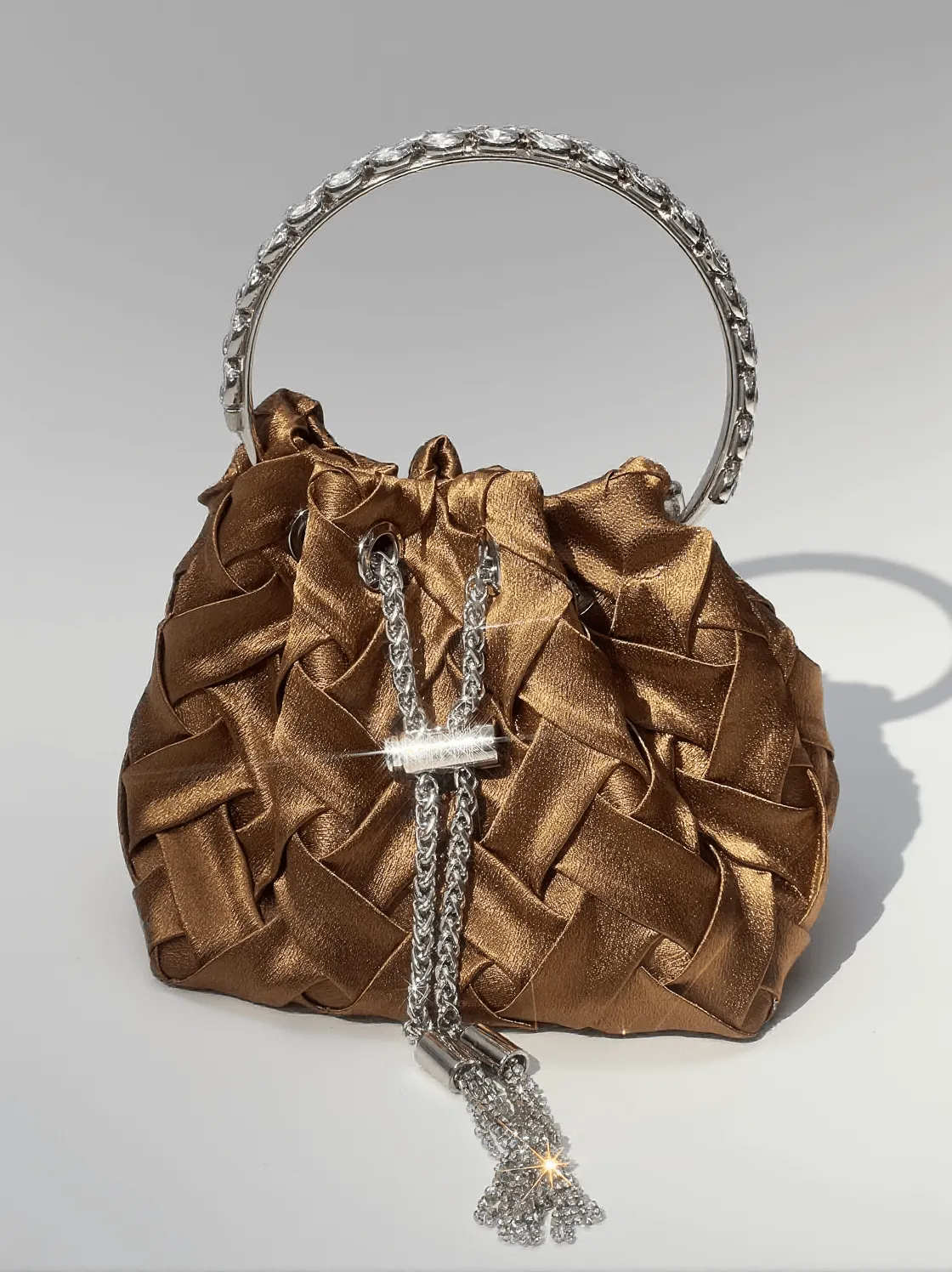 Mattea Velvet Weave Crystal Embellished Bucket Bag In Brown