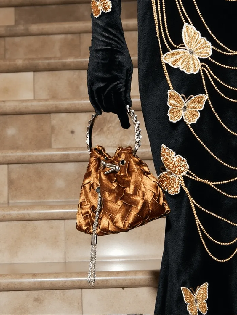 Mattea Velvet Weave Crystal Embellished Bucket Bag In Brown