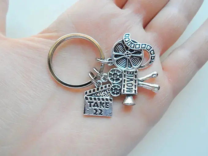 Movie Charm Keychain with Camera, Film Reel & Take 22 Charm, Director, Videographer, or Actor Keychain