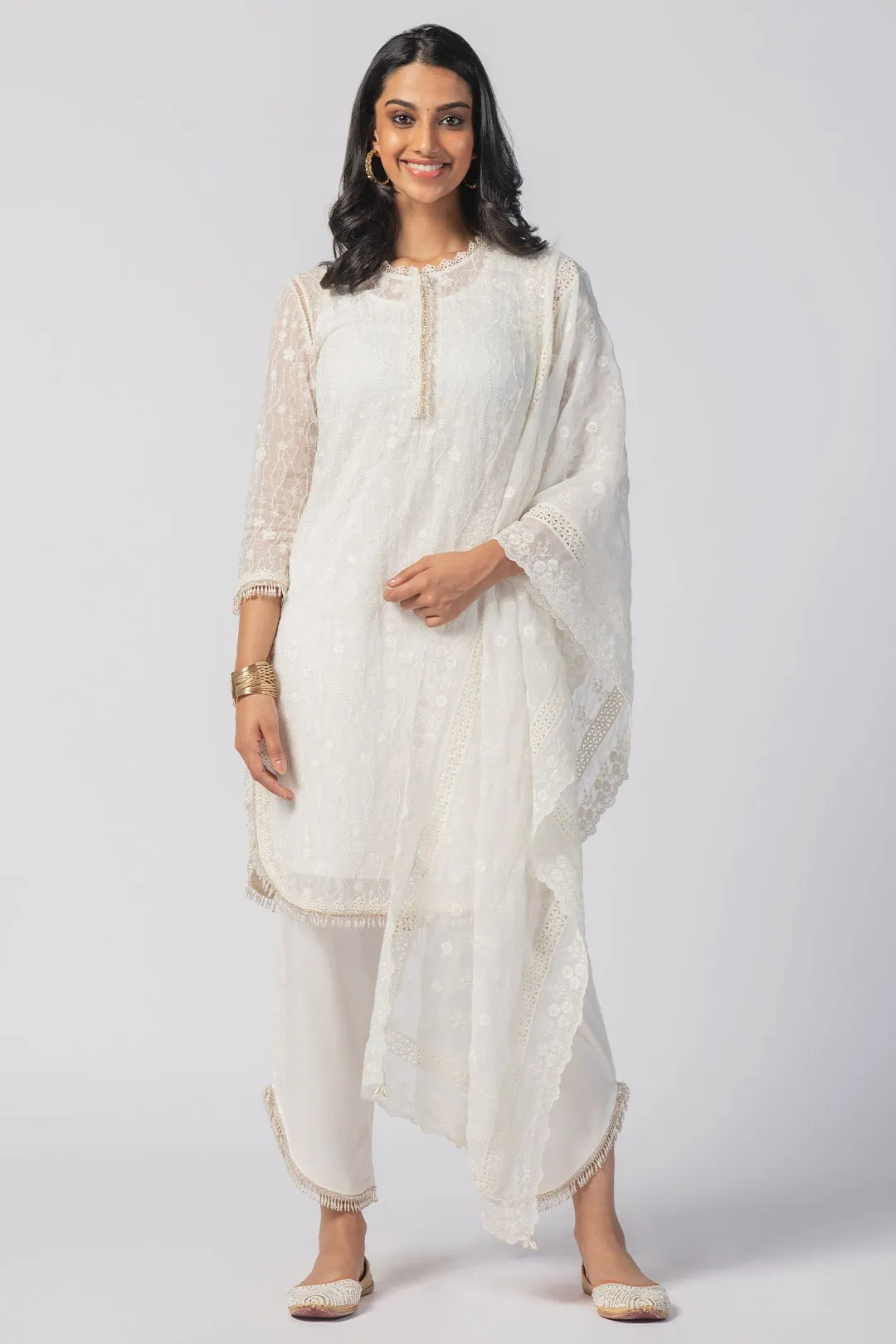 Mulmul Tencel Luxe Organza Freya Off White Kurta With Supima Cotton freya Round Hem Off White Pant