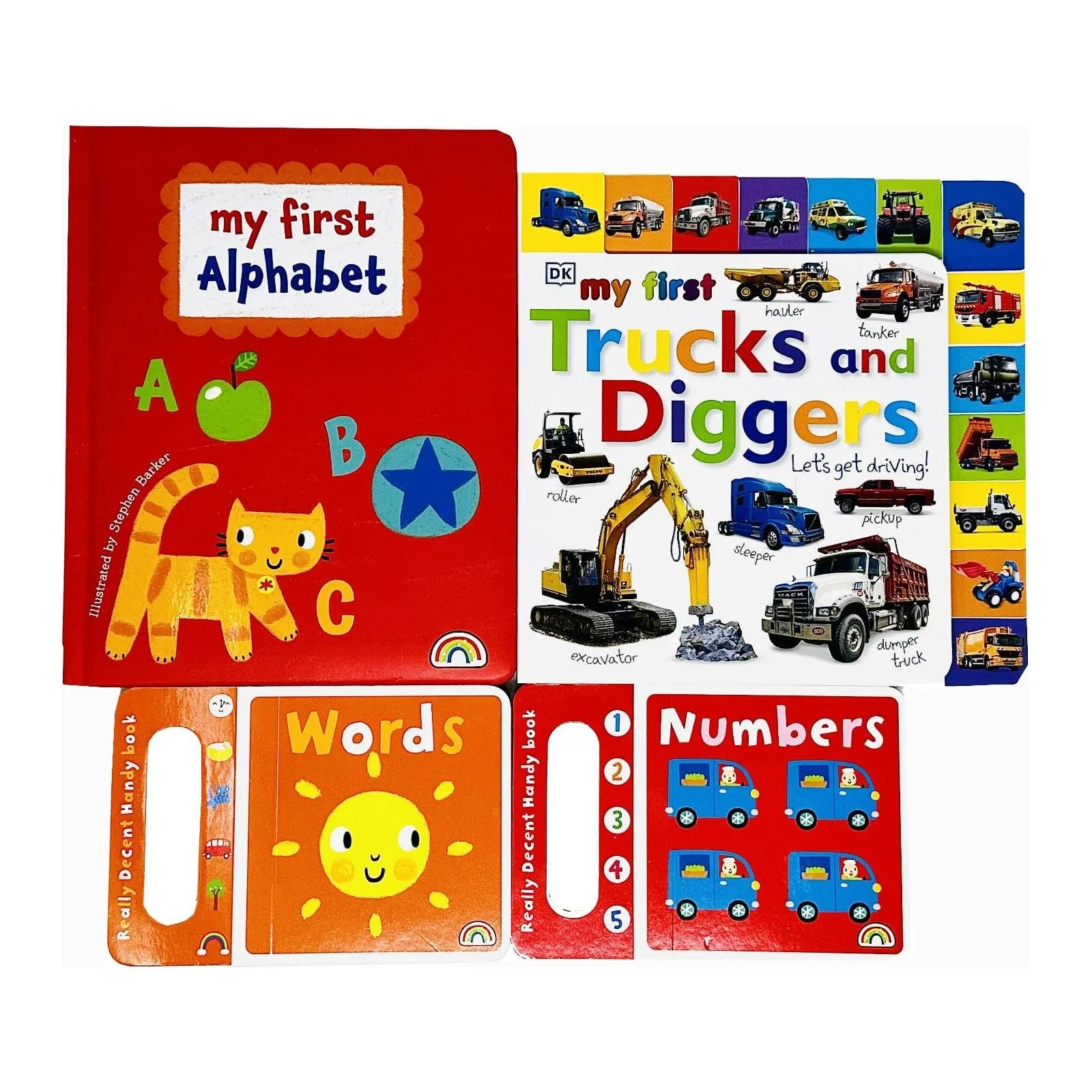 My First Alphabet Numbers & Words and My First Trucks and Diggers Let's Get Driving 4 Books Collection Board Book Set