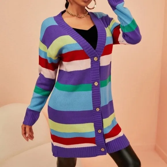 NEW INVENTORY 🎆Rainbow Stripe Pattern Drop Shoulder Cardigan🎆
