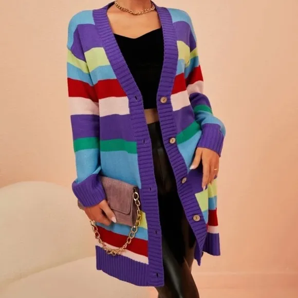 NEW INVENTORY 🎆Rainbow Stripe Pattern Drop Shoulder Cardigan🎆