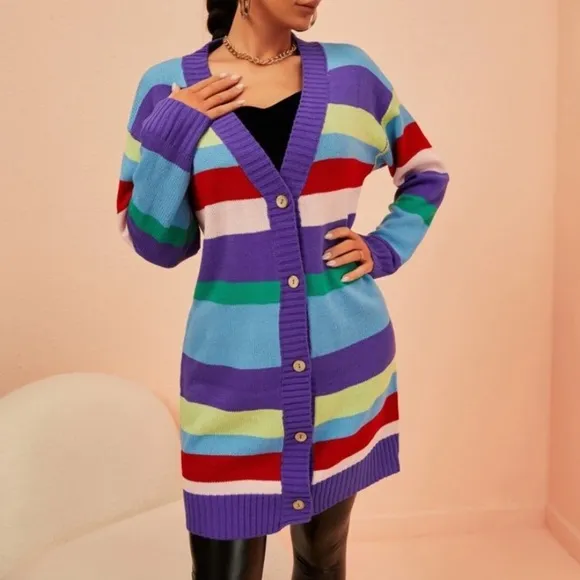 NEW INVENTORY 🎆Rainbow Stripe Pattern Drop Shoulder Cardigan🎆