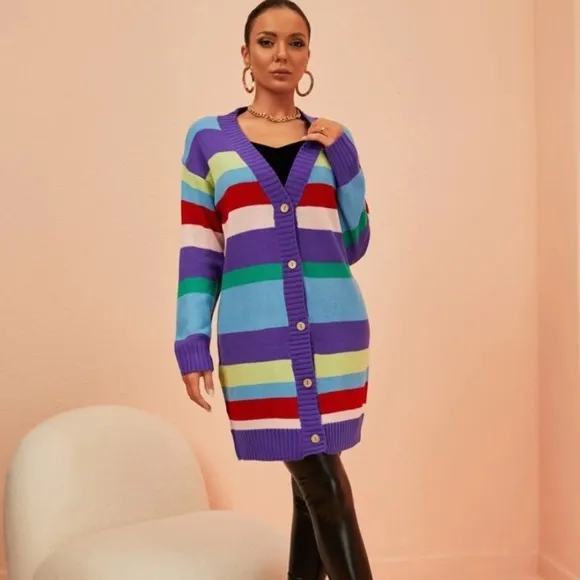 NEW INVENTORY 🎆Rainbow Stripe Pattern Drop Shoulder Cardigan🎆