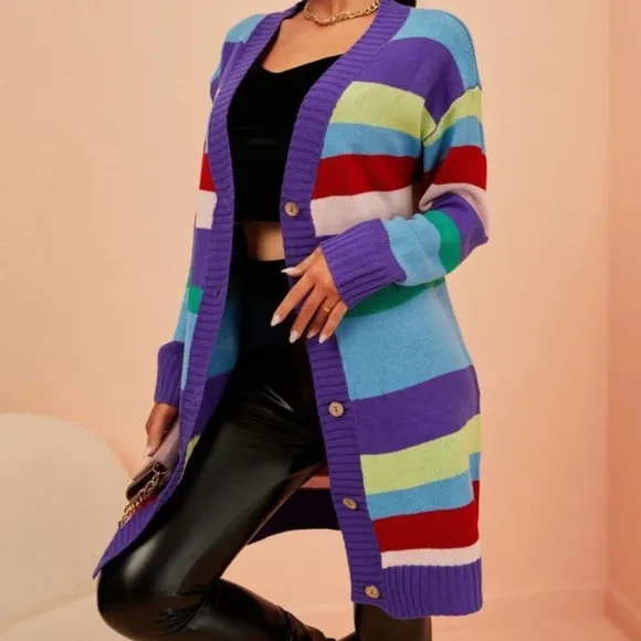 NEW INVENTORY 🎆Rainbow Stripe Pattern Drop Shoulder Cardigan🎆