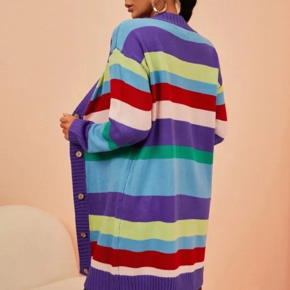 NEW INVENTORY 🎆Rainbow Stripe Pattern Drop Shoulder Cardigan🎆