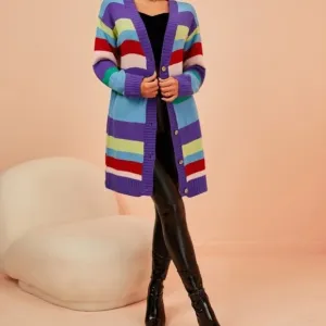 NEW INVENTORY 🎆Rainbow Stripe Pattern Drop Shoulder Cardigan🎆