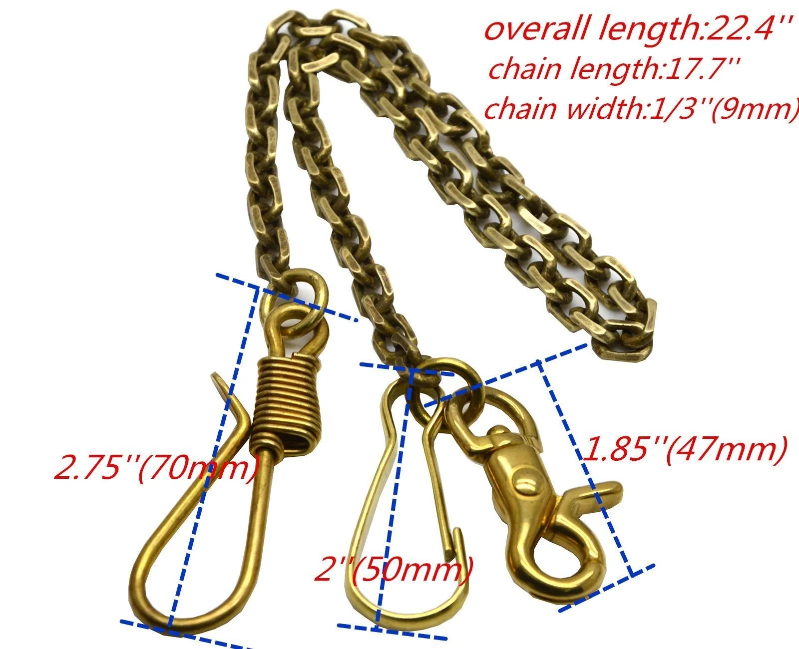 Okones 22.4'' Overall Length,Solid Brass Man Pants Keychain Key Jean Wallet Chain Key Ring Belt Hook Key Buckle with Fine Snap Hook &Split Ring (Fish Hook Curb chain)