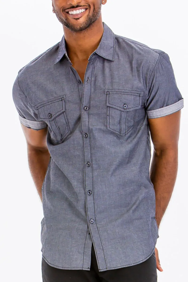 OUTLINE STITCH SHORT SLEEVE BUTTON DOWN SHIRT