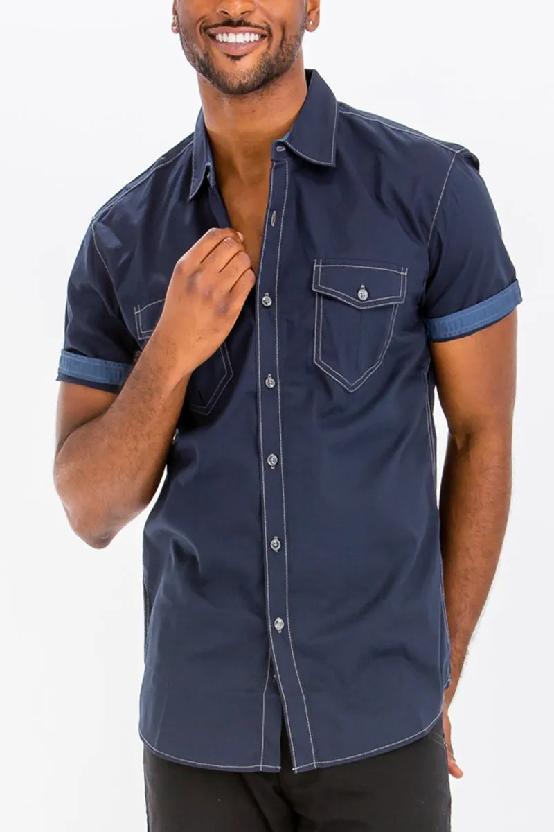 OUTLINE STITCH SHORT SLEEVE BUTTON DOWN SHIRT