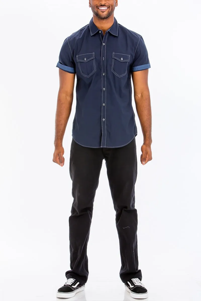 OUTLINE STITCH SHORT SLEEVE BUTTON DOWN SHIRT