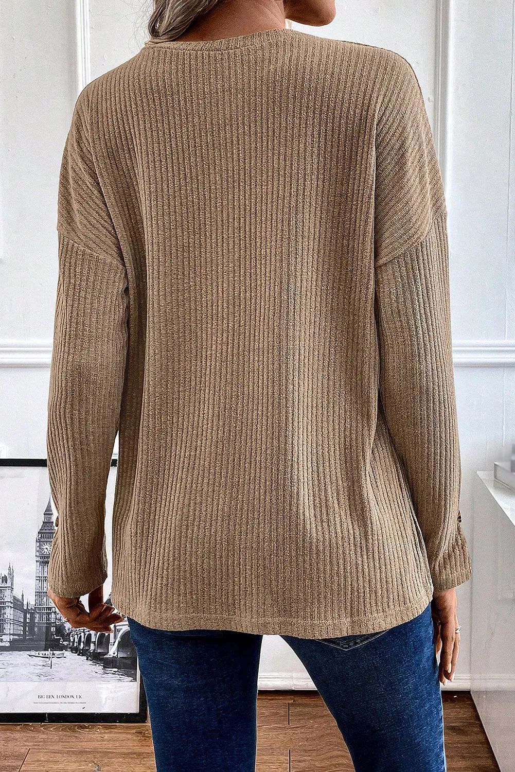 Pale Khaki Half Button Drop Shoulder Waffle Knit Tee