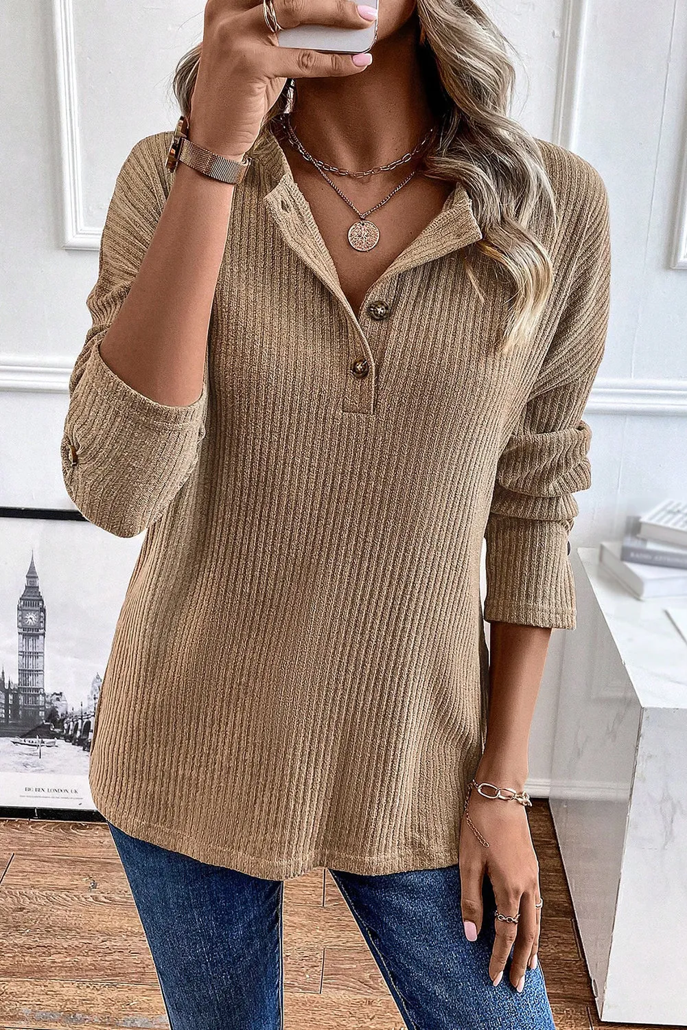 Pale Khaki Half Button Drop Shoulder Waffle Knit Tee