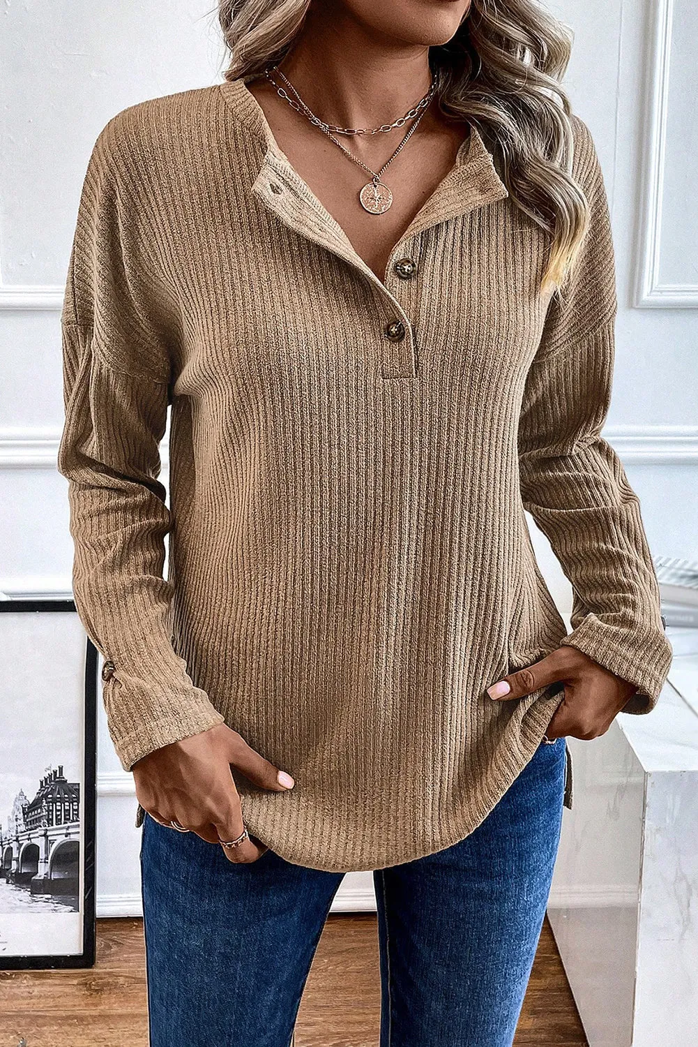 Pale Khaki Half Button Drop Shoulder Waffle Knit Tee