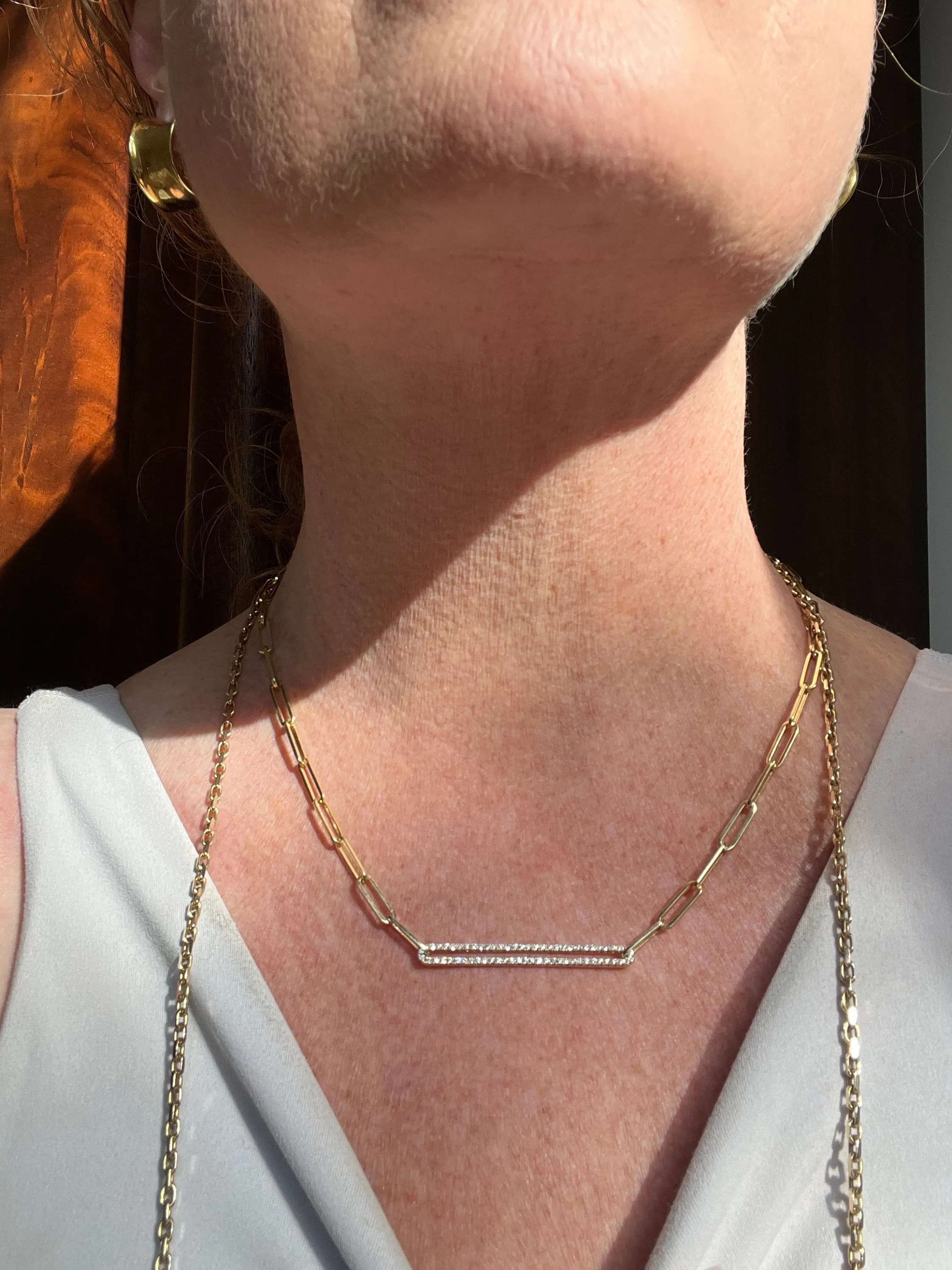 Paperclip Chain Necklace with Natural Diamonds, 14K Solid Gold.