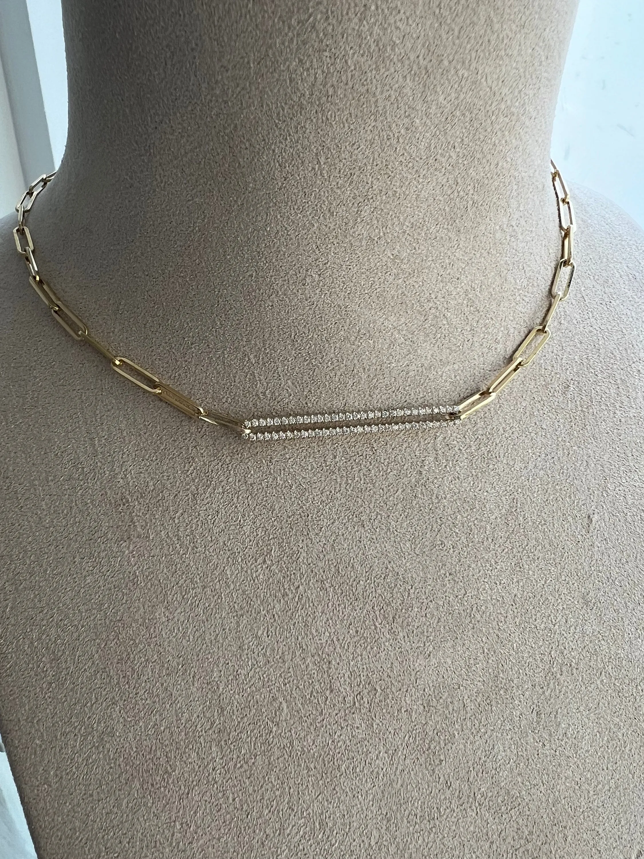 Paperclip Chain Necklace with Natural Diamonds, 14K Solid Gold.