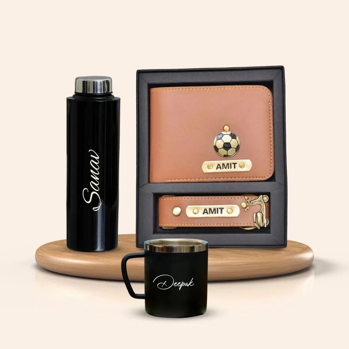 Personalised Black Classic Smart Bottle (1 Litre), Stainless Steel Mug & All in One Men's Combo (2 pcs) - Tan