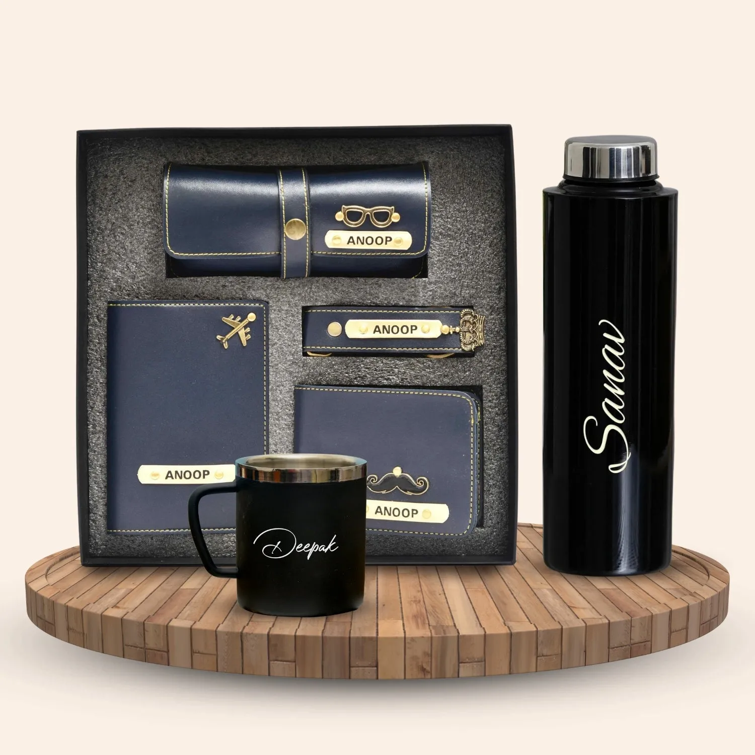 Personalised Black Classic Smart Bottle (1 Litre), Stainless Steel Mug & All in One Men's Combo (4 pcs) - Royal Blue