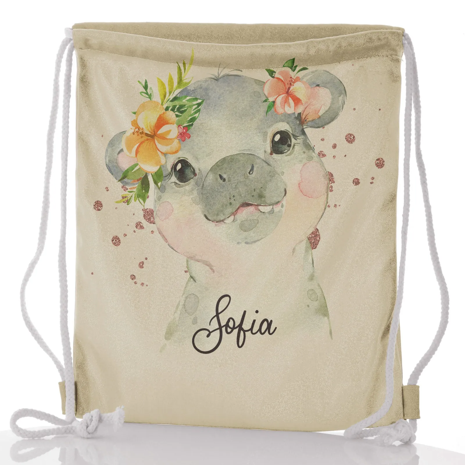 Personalised Glitter Drawstring Backpack with Hippo Rain Drop Glitter Print and Cute Text