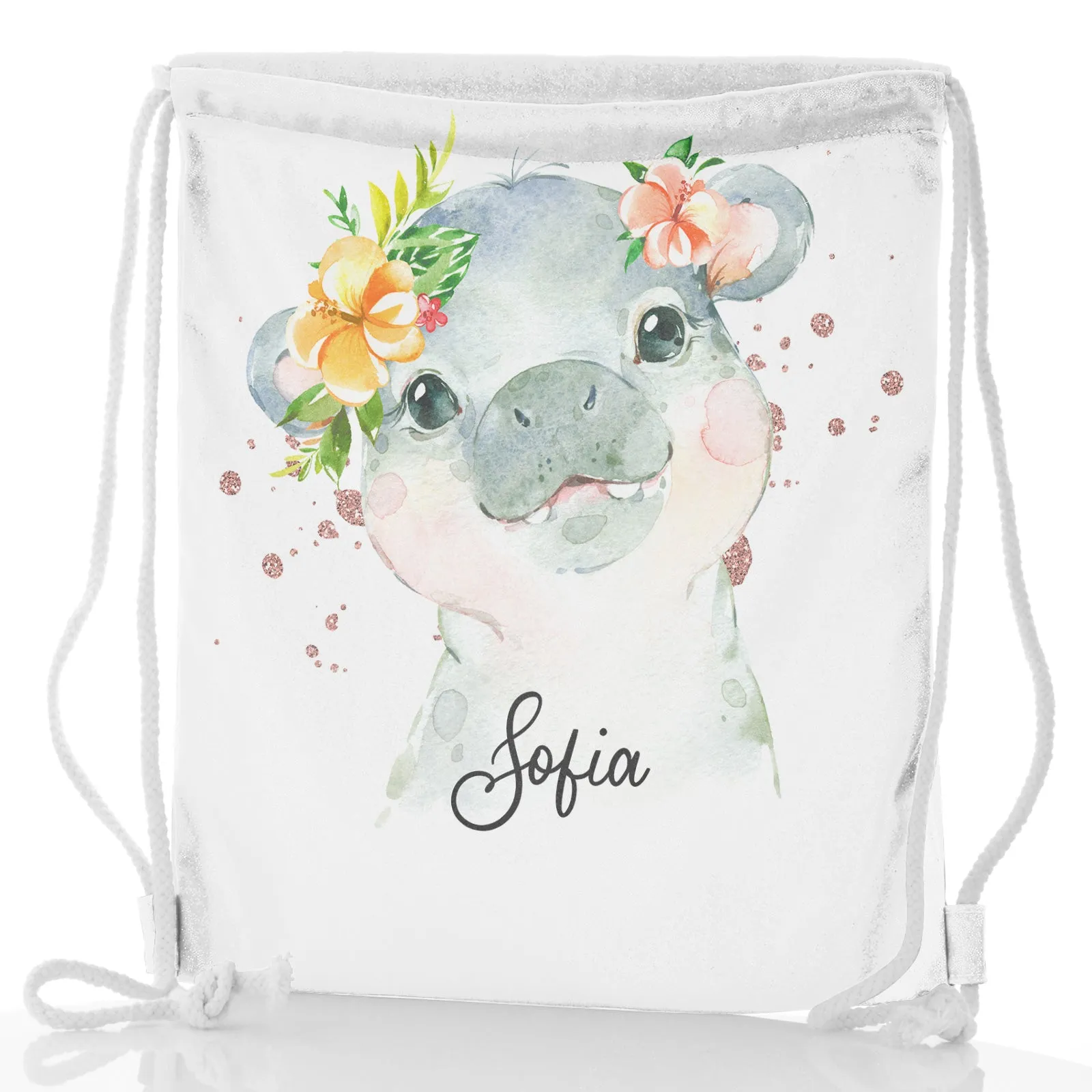 Personalised Glitter Drawstring Backpack with Hippo Rain Drop Glitter Print and Cute Text