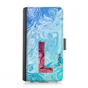 Personalised Samsung Leather Case - Blue/Red Swirl and Initial/Name