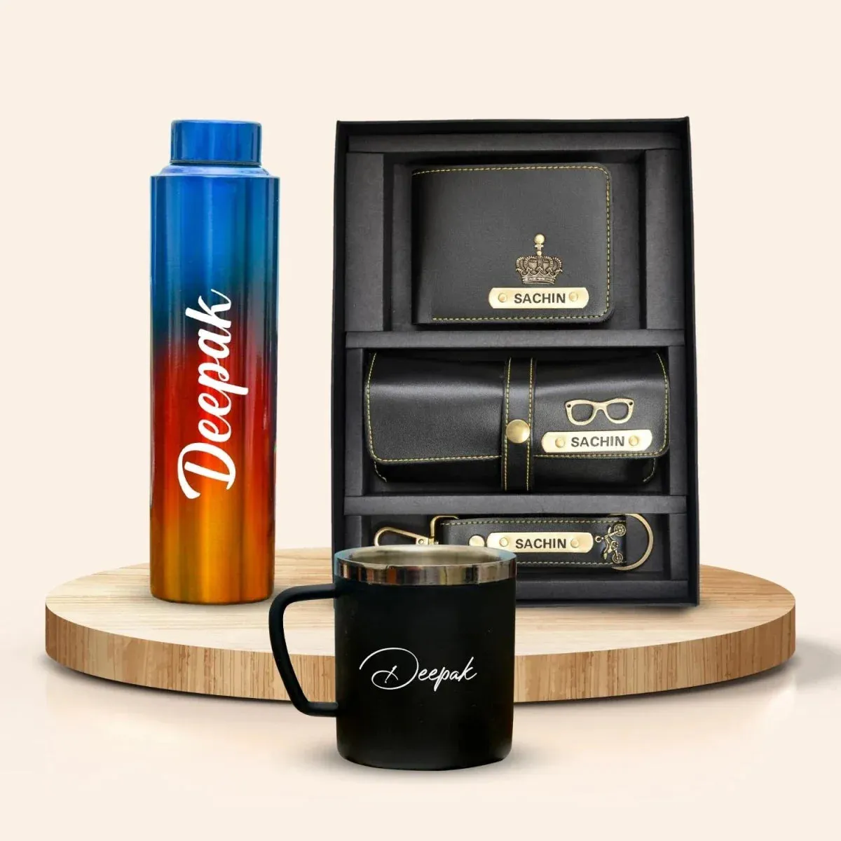 Personalized All in One Men's Combo (3 pcs) & Rainbow Classic Bottle 1Litre & Stainless Steel Mug - Black
