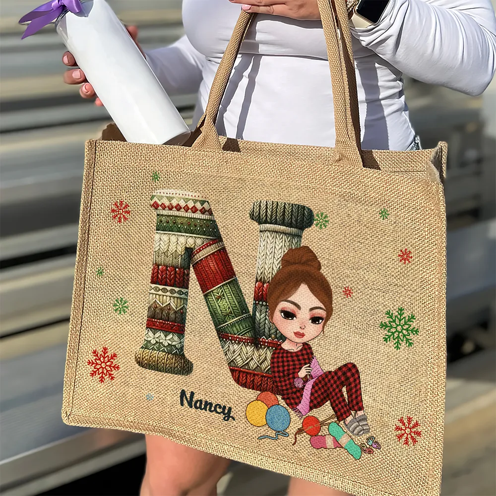 Personalized Gift For Knitters Alphabet Christmas Jute Tote Bag 01HUPU181124HH